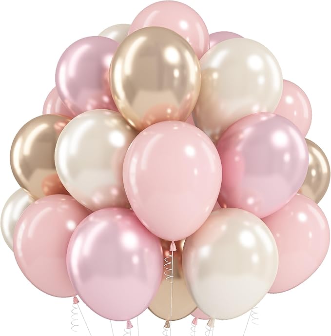 White Pink Gold Balloons Set, 12 Inch Double Stuffed Pearl White Sand Blush by Jobkoo