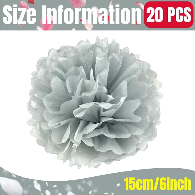 Qimoo 20pcs Gray Paper Pom Poms Decorations, DIY Decorative Tissue Paper - Image 6