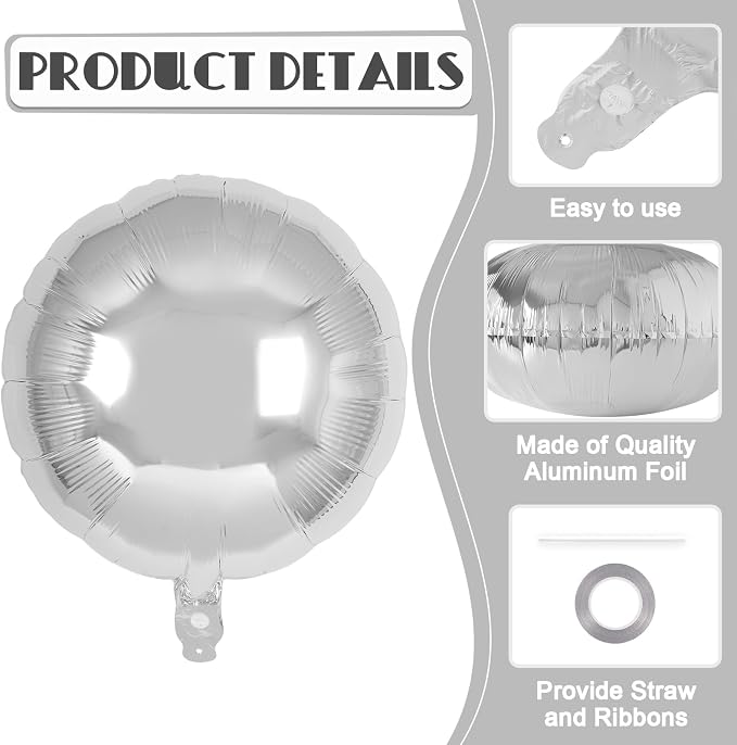 20 Pcs Silver Round Shaped Balloons, 18 Inch Round Foil Balloon, Giant Round - Image 5