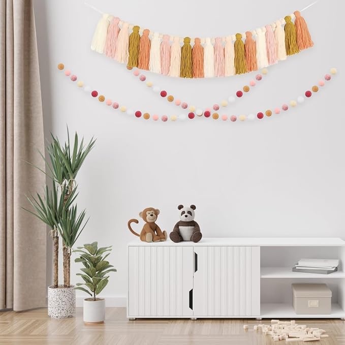 Yellow Pink Tassel Garland, Pom Pom Garland, Kids Room, Baby Shower, Birthday - Image 7