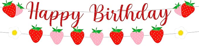 MEETINGU Strawberry Happy Birthday Banner, Strawberry and Flower Themed by MEETINGU
