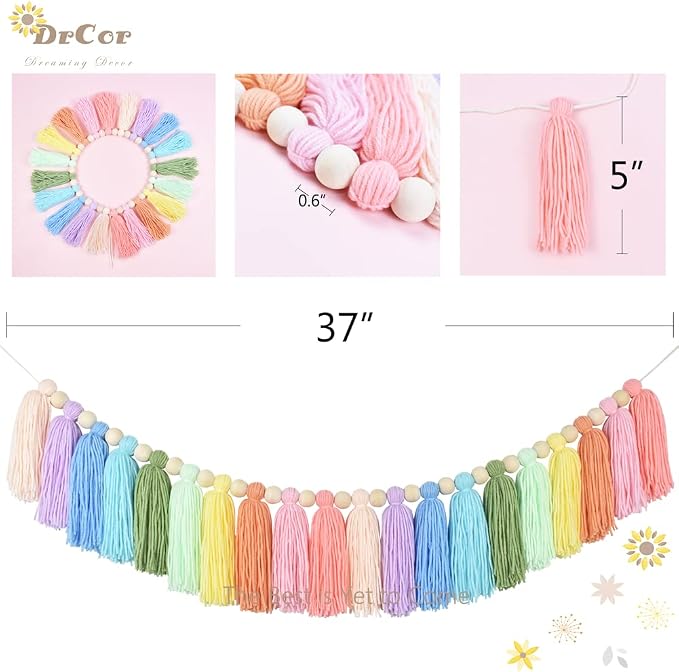 DrCor Pastel Rainbow Tassel Garland – Boho Classroom Decor | Boho wall hanging - Image 5