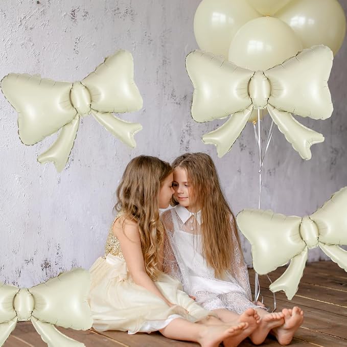 6 Pieces Bow Balloons, Cream White Matte Metallic Foil Bowtie Balloon - Image 3