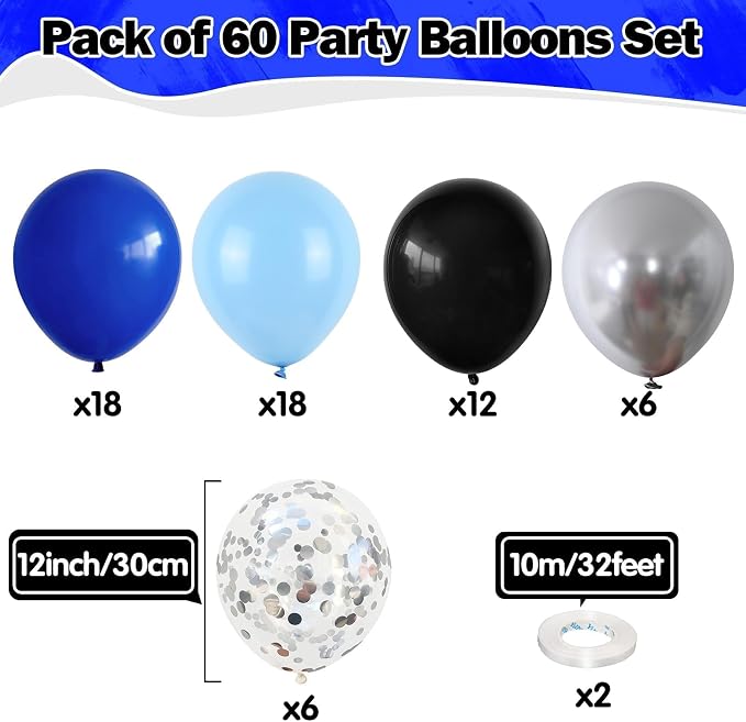 Blue Black Balloons 60 Pcs Royal Blue Black and Metallic Silver Confetti - Image 2
