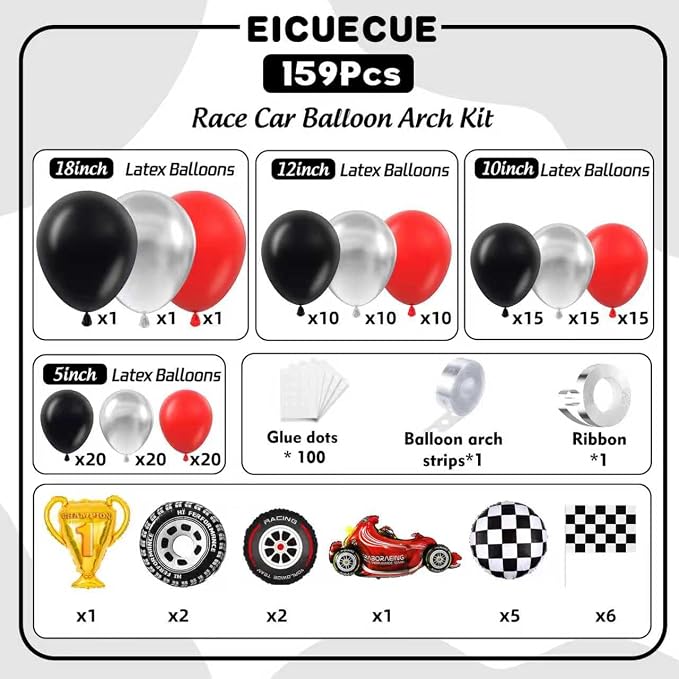 Race Car Balloons Arch Kit -Trophy, Wheels and Red Black Silver Balloon Garland - Image 2