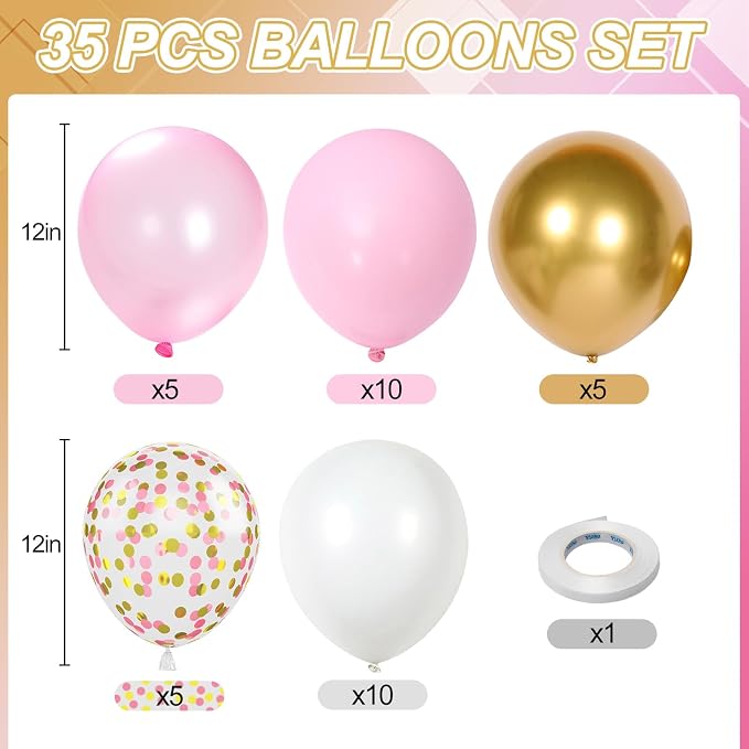 Pink and Gold Balloons, 12 Inch Light Baby Pink White and Gold Confetti Balloons - Image 2