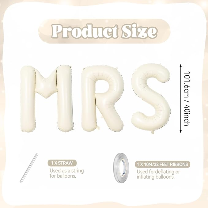Biapian 40 Inch MRS Letter Balloons, Big Cream MRS Foil Balloons - Image 2
