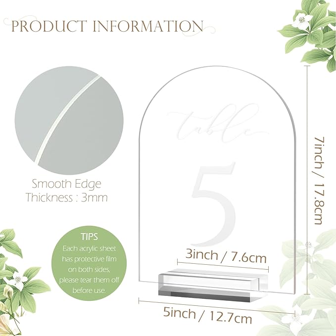 JINMURY Frosted Arch Table Numbers for Wedding, 5x7 Inch Acrylic Table Numbers 1-10 with Stands, Frosted Acrylic Arch Tabletop Sign with Holder for Centerpiece, Reception, Wedding, Party, Event