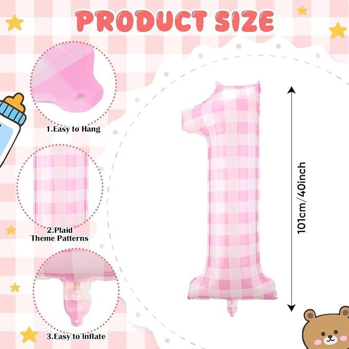 Jenaai 40 Inch Gingham 1st Balloon Large Number 1 Plaid Balloons - Image 2