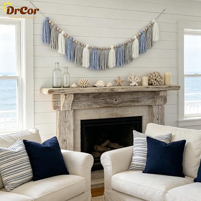 DrCor Coastal Blue White Tassel Garland – Boho Decor | Handmade yarn banner - Image 5