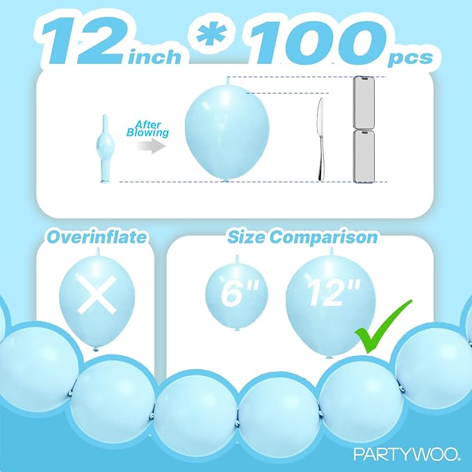 PartyWoo Baby Blue Linking Balloons 100pcs 12 Inch Blue Link Balloons | - Image 4