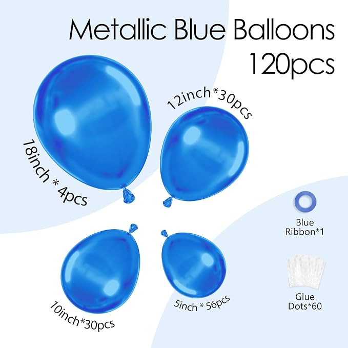 Awenztech 122pcs Metallic Blue Latex Balloons in 18 12 10 5 inches | Graduation - Image 2