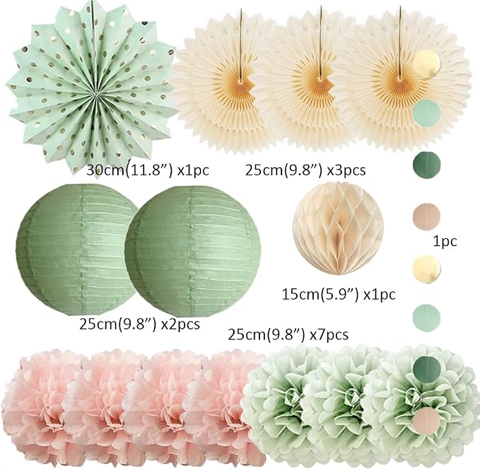 Sage Green and Blush Pink Party Decorations Paper Lanterns Sage Green Cream - Image 7