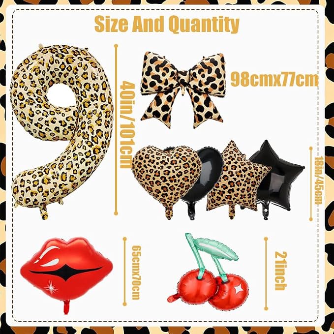 Leopard Print Bow Balloons Birthday Decorations 40Inch Cheetah Number 9 Foil - Image 2