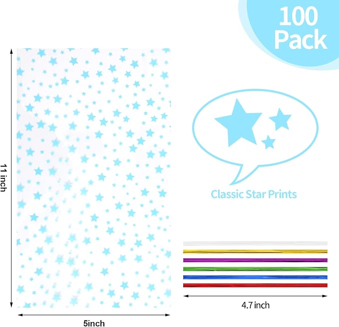 COQOFA 100 Pcs Blue Star 5"X11" Gift Wrap Cello Cellophane Treat Bags Clear - Image 2