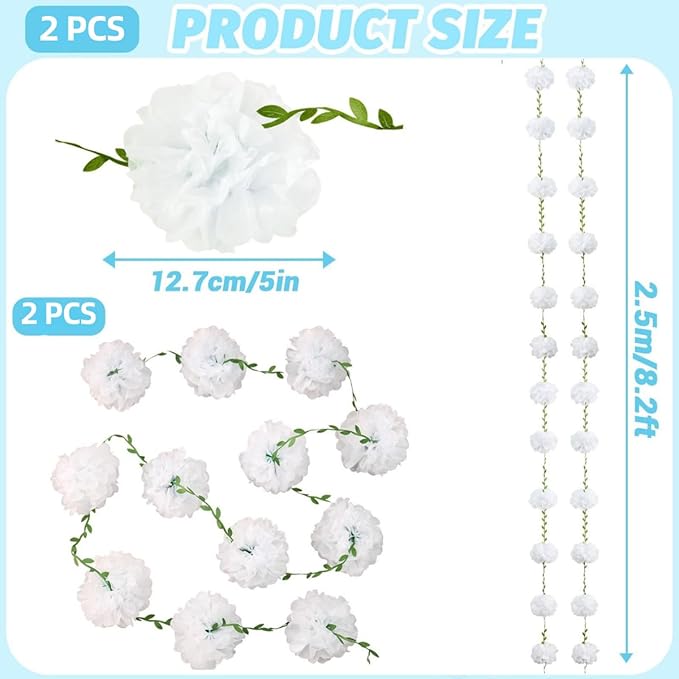 White Tissue Paper Pom Pom Garlands, Paper Flowers - Image 2