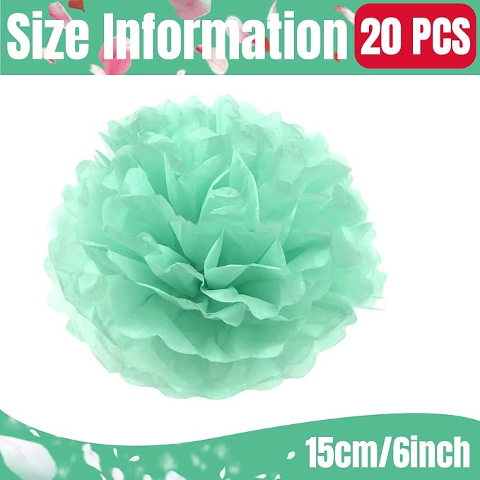 Qimoo 20pcs Mint Green Paper Pom Poms Decorations, DIY Decorative Pom-poms - Image 2
