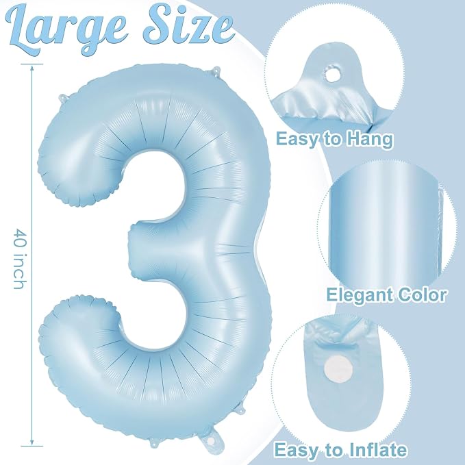 Light Blue Number 3 Balloon, 40 Inch Big Large Foil Number Balloons, Giant - Image 3