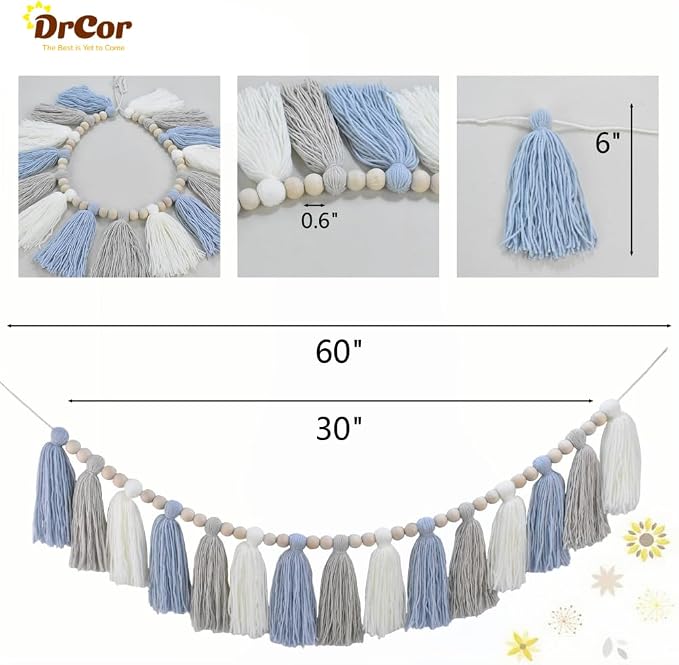 DrCor Coastal Blue White Tassel Garland – Boho Decor | Handmade yarn banner - Image 7