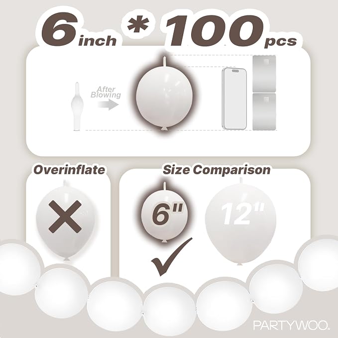 PartyWoo White Linking Balloons 100pcs 6 Inch White Link Balloons | - Image 4