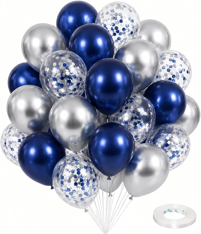 Navy Blue and Silver Balloons, 12 Inch Dark Midnight Blue Metallic Silver Latex by Isndare