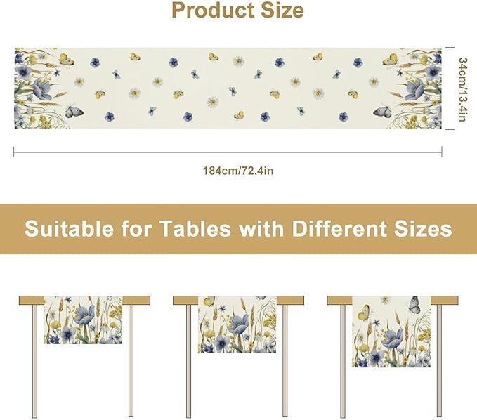 Floral Table Runner, Spring Watercolor Flower Plants Nature Butterfly Table Runner for Kitchen Dinner Living Room Home Party, 13x120 Inch