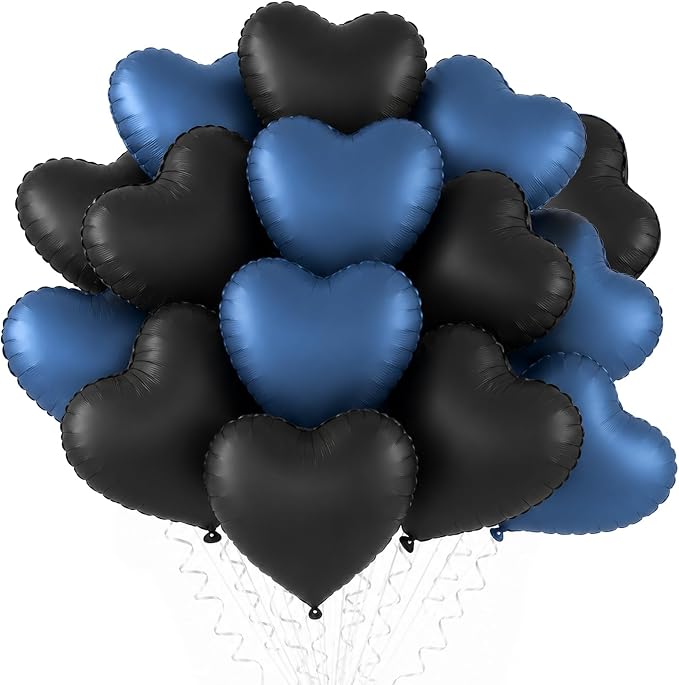 TONIFUL 15 Pack 18 Inch Matte Black and Dusty Blue Heart Foil Balloons Dark by TONIFUL