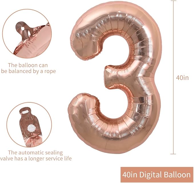 TONIFUL 40 Inch Rose Gold Large Numbers Balloons 0-9, Number 3 Digital 3 Helium - Image 2