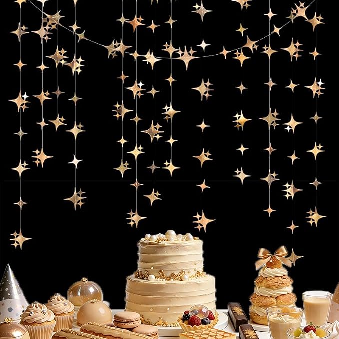 Glitter Champagne Four-Angle Star Paper Garland Banner Décor 40 Feet Twinkle - Image 3
