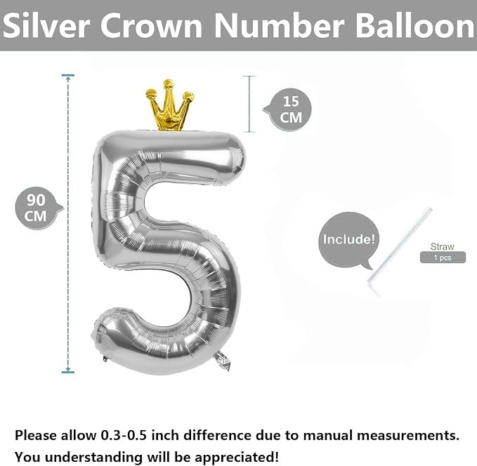 Silver Number 5 Balloon with Crown, 40 inch Silver Number Balloon 5th Birthday - Image 2