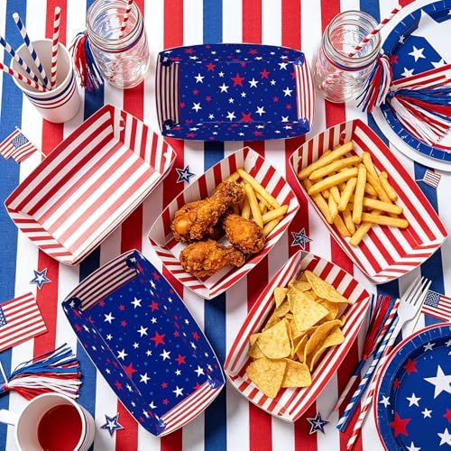 50 Pcs Patriotic Party Snack Trays, Disposable American Flag Paper Serving Boats, Red White and Blue Food Trays for July 4th, Memorial Day & USA Themed Events – 2 Designs - Image 4