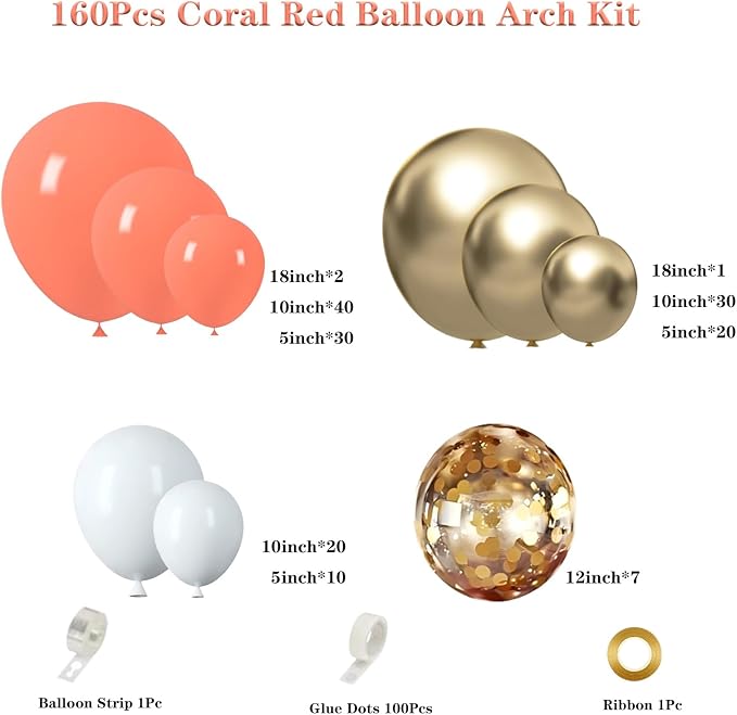 Coral Red White Gold Balloon Garland Arch Kit - Image 2