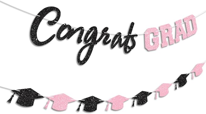 Prestrung Congrats Grad Banner Pink Black Graduation Banner - Image 2