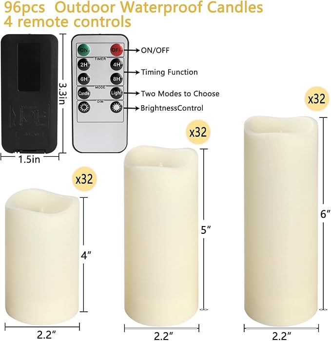 Set of 96 Waterproof Outdoor Flameless Candles, LED Candles with 4 Remote and Timer,(H 4" 5" 6" x D 2.2"),for Halloween Wedding Festival