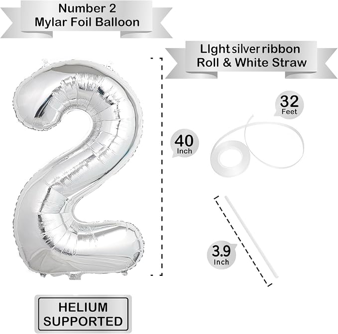 40 Inch Silver Number Balloons, Helium Mylar Foil Number Balloons - Image 3