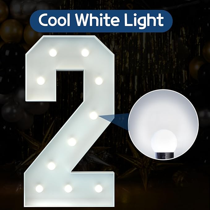 Marquee Numbers 4 Feet Tall Big Light Up Numbers 2nd 21st 25th Birthday Decorations Girl Boy Graduation Decorations 2025 White Anniversary Party Decor Large Cardboard Prop Backdrop Sign 2
