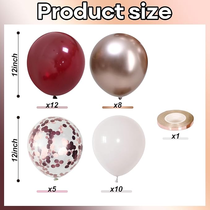 Burgundy Red Balloons, Wine Red and Rose Gold Confetti Balloon - Image 2