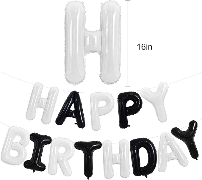TONIFUL 16 Inch Black and White Happy Birthday Balloon Banner Decorations | - Image 2