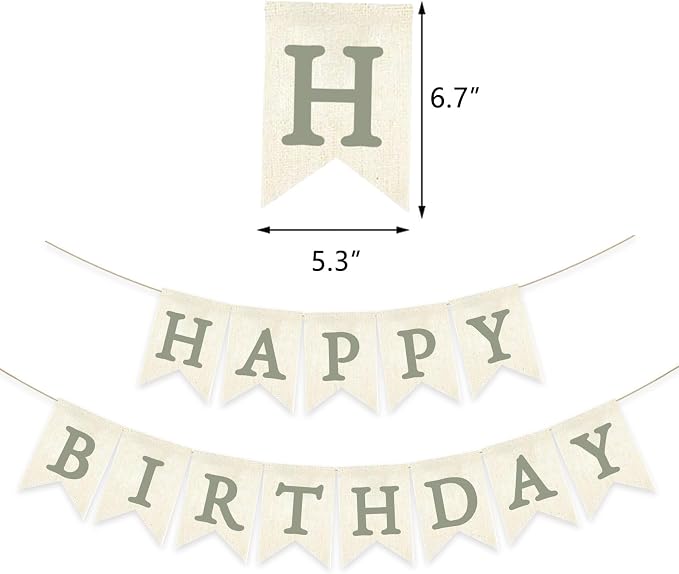 Green Happy Birthday Banner Sage Olive Pre-strung Burlap Bunting Party Backdrop - Image 2