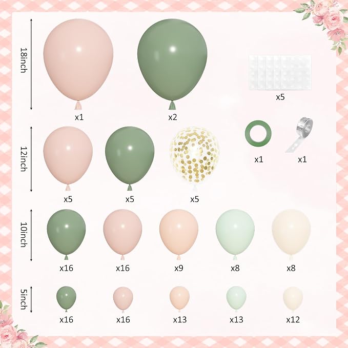 152Pcs Pink and Sage Green Balloons Arch Kit Different Size | Baby in Bloom - Image 2