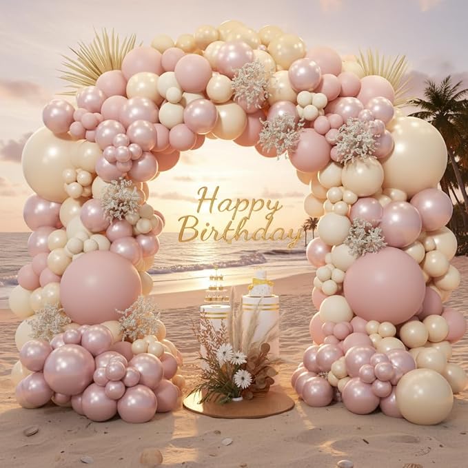 Boho Dusty Pink Balloon Arch Garland Kit 153pcs, Double Stuffed White Pearl - Image 5