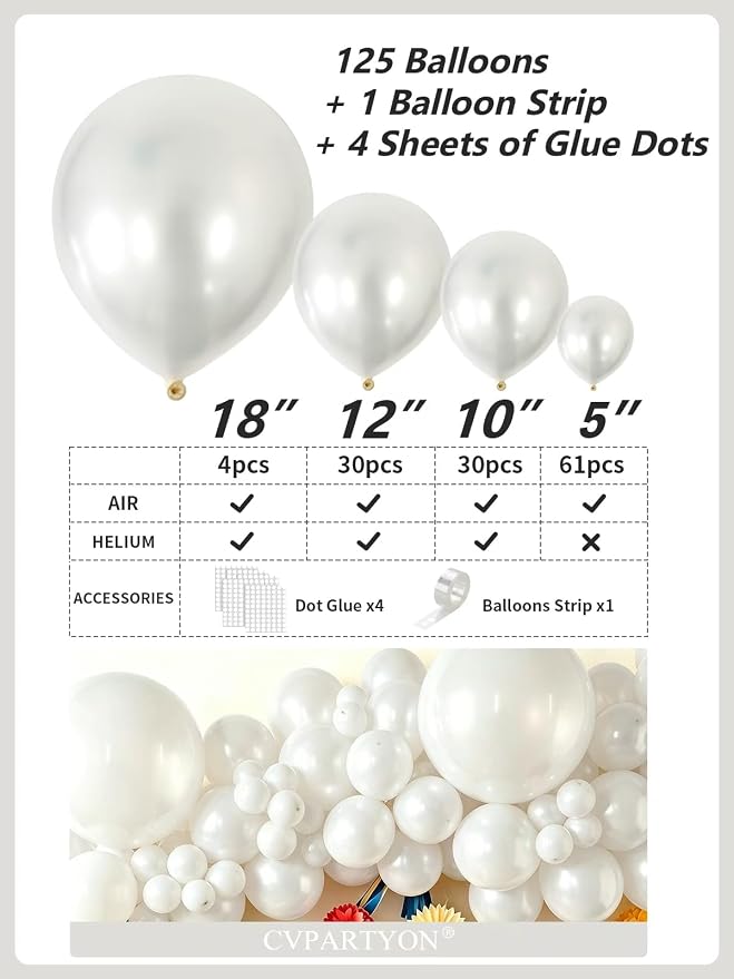 Pearl White Balloons 125 Pcs Different Sizes 18 12 10 5 Inch White Latex - Image 3
