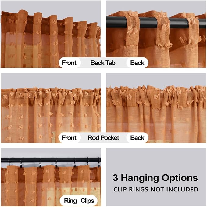 KOUFALL Burnt Orange Back Tab Rod Pocket Pom Pom Sheer Curtains - Image 3