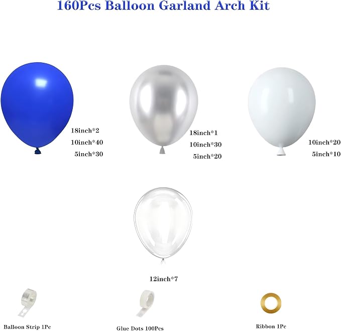160pcs Royal Blue White Silver Clear Balloon Garland Arch Kit | Wedding - Image 2
