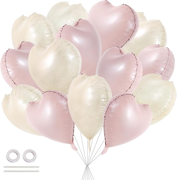 TONIFUL 30 Pcs 18 Inch Cream White Pastel Pink Heart Shape Foil Balloons | by TONIFUL