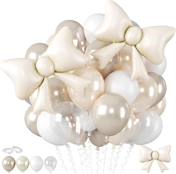 Pearl White Balloons, 35 Inch Cream Bow Balloon Foil, 12 Inch Clear Double by BIAPIAN