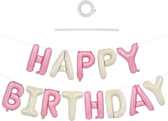 TONIFUL 16 Inch Cream White Pink Happy Birthday Balloons Banner Decorations | by TONIFUL