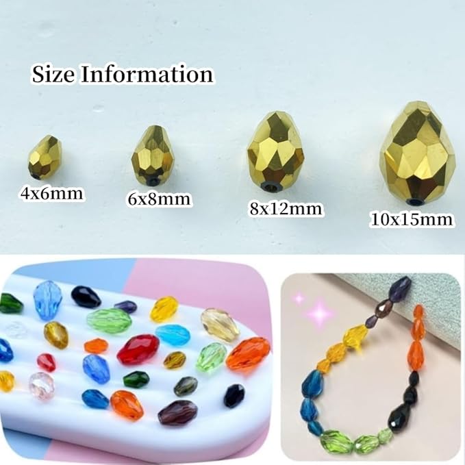 100pcs 8x12mm Teardrop Crystal Glass Beads Vertical Hole Faceted Glass Teardrop Spacer Beads for Bracelets Necklace Earring DIY Jewelry Making Craft(Gold)