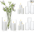 UDU Set of 6 White Pillar Candles and 6 Glass Cylinder Vases Hurricane Holders, Slim Pillar Candle Holder, Cylinder Vases for Centerpieces Wedding Table Party Home Decor(2.6" X 4.7", 5.9", 7.9")