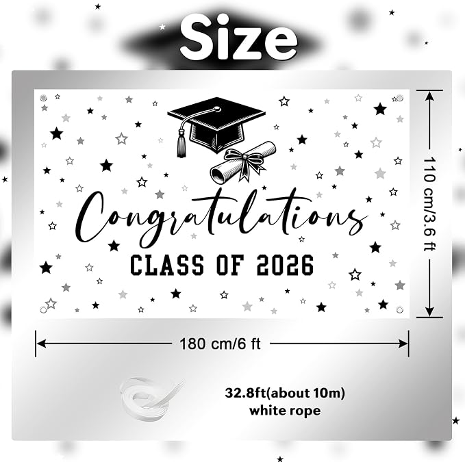 Congratulations Class of 2026 Backdrop Black White Graduation Banner Congrats - Image 2
